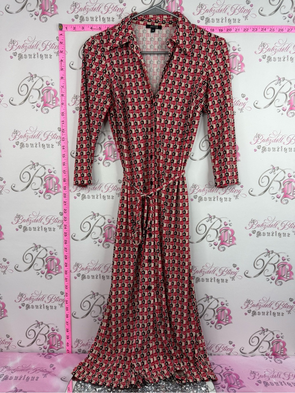 Jacob dress red Black Geometric Midi Shirt Dress with Tie Waist